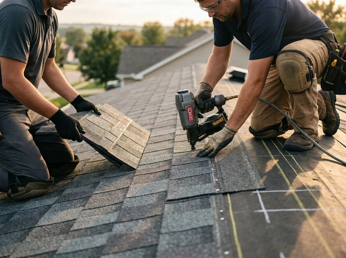 Professional roofer working on a residential roof in Centralia
